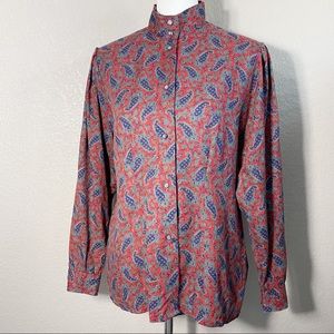 Vintage Red Paisley Mock Neck Puff Sleeve Button Up Blouse Med